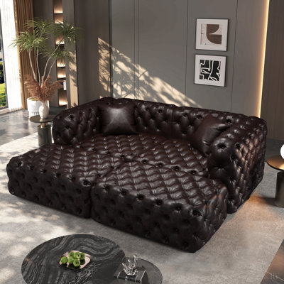 Ensemble de canapé moderne 77 po, canapé modulaire rembourré en similicuir 2 places avec conception touffetée à la main pure, 2 repose-pieds et 2 coussins, combinaison multiple pour le salon