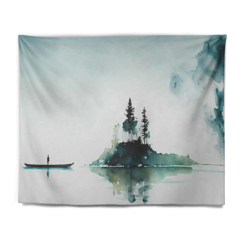Petit bateau près de l'île de Moss - tapisserie murale paysage forêt, H 50 po x l 60 po