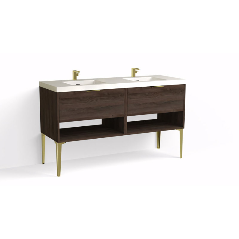 Modo 60" W Freestanding Double Bathroom Vanity with Dean Leg, Gloss White/Single, Biondo, Satin Brass