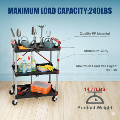 Foldable Utility Service Cart, 3 Shelf Heavy Duty Plastic Rolling Cart With 360° Swivel Wheels (2 With Brakes), Ergonomic Handle, Portable Garage Tool Cart For Warehouse Office Home