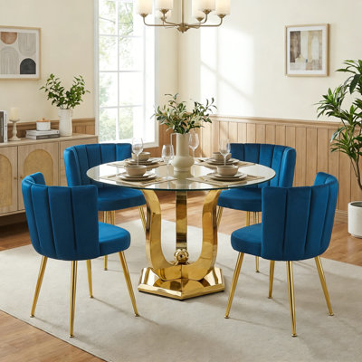 Ensemble de table de salle à manger de 47,2 po pour 4, ensemble de salle à manger moderne de 5 pièces avec table en verre trempé et chaises en velours, pour petite salle à manger