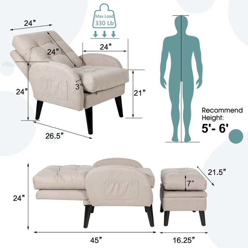 Elandra Upholstered Accent Chair and Ottoman, with 5 Level Adjustable Backrest, Light Gray Microfiber/Microsuede