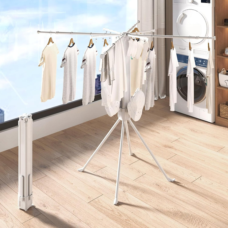 Séchoir à vêtements à quatre pieds, séchoir à linge pliable et pliable, séchoir à vêtements avec pinces à chaussettes et 4 porte-chaussures, support peu encombrant pour une utilisation intérieure et extérieure