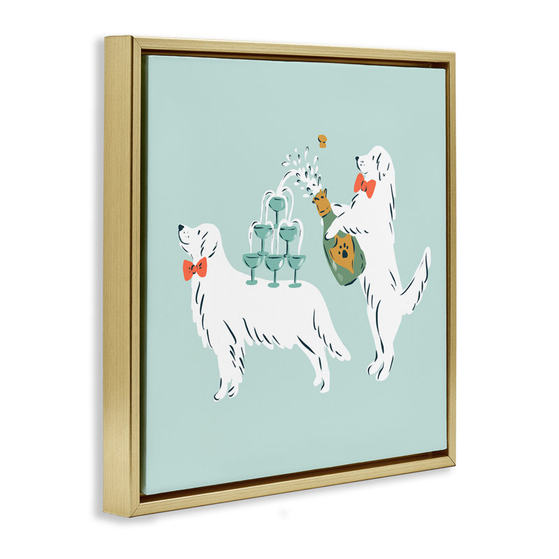 Cadre flottant Popping Dogs Champagne, design par Krissy Mast, H 25 po x l 25 po, Cadre flottant métallique doré