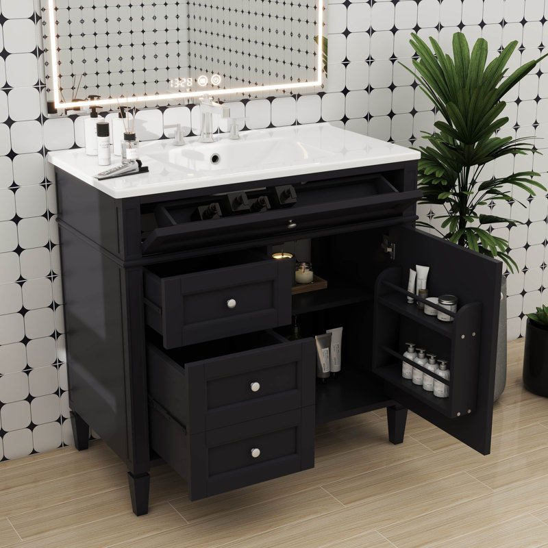 Meuble-lavabo contemporain de 36 po avec lavabo à montage sur le dessus et armoire de rangement contemporaine comprenant 2 tiroirs