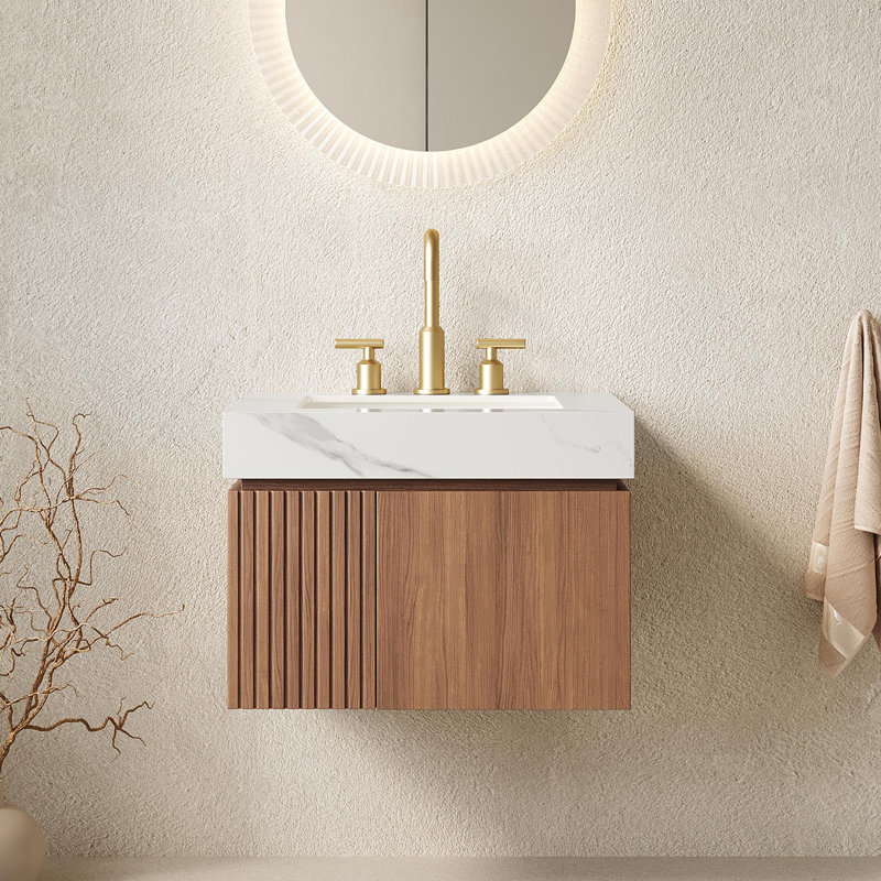 Meuble-lavabo 24 po avec plateau en pierre frittée, Chêne brun, Blanc de Carrare