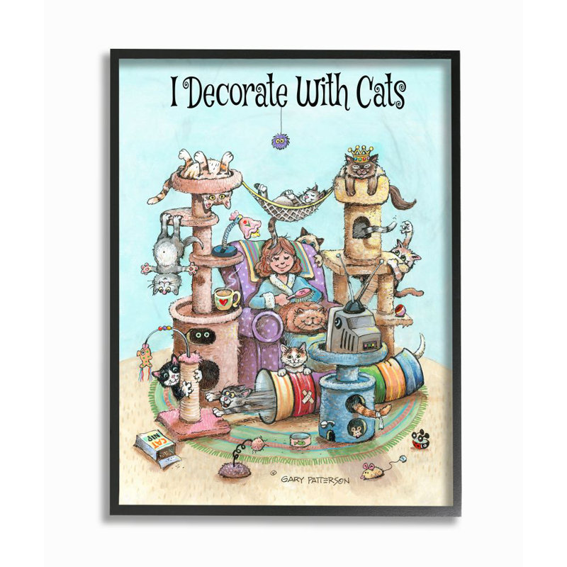 «I Decorate with Cats Funny» par Gary Patterson - impression d'art graphique, Giclée encadrée noir minuit, H 30 po x l 24 po