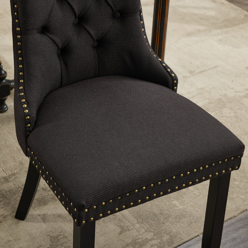 Allena Tufted Chairs Upholstered Chairs with Solid Wood Frame Nailhead Back and Ring Pull Trim , Black, Linen Blend Black, 2
