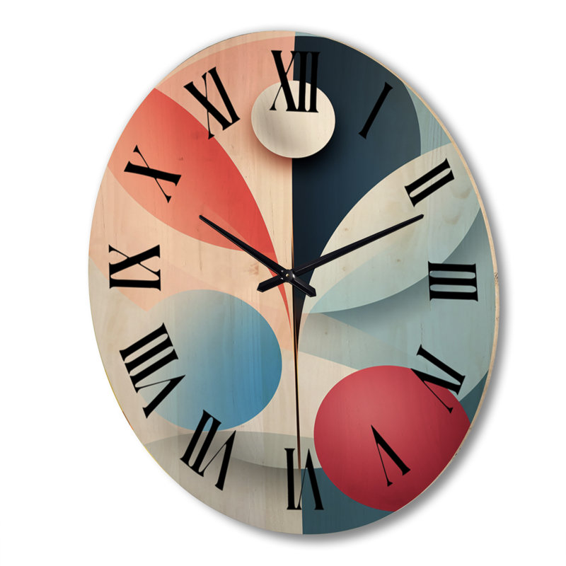 Abstract Botanical Minimalism Retro Blue And Red - Abstract Botanicals Oversized Wood Wall Clock, Extra Large