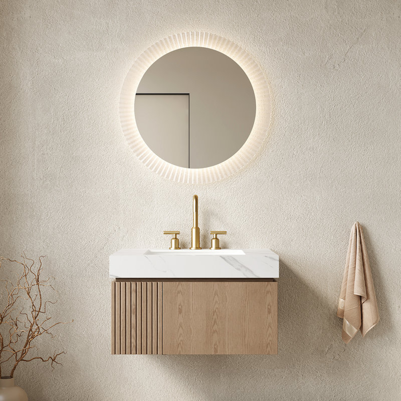 Meuble-lavabo de 30 po avec comptoir en pierre frittée blanche, lavabo en céramique, armoire de rangement en contreplaqué flottant, tiroir, porte, pré-assemblé, grand rangement, lavabo à système de fermeture en douceur, porte et tiroir