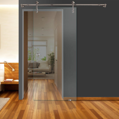 47" x 82" Tempered Clear Glass Sliding Barn Door with Stainless Steel Hardware + Recessed Grip Handle