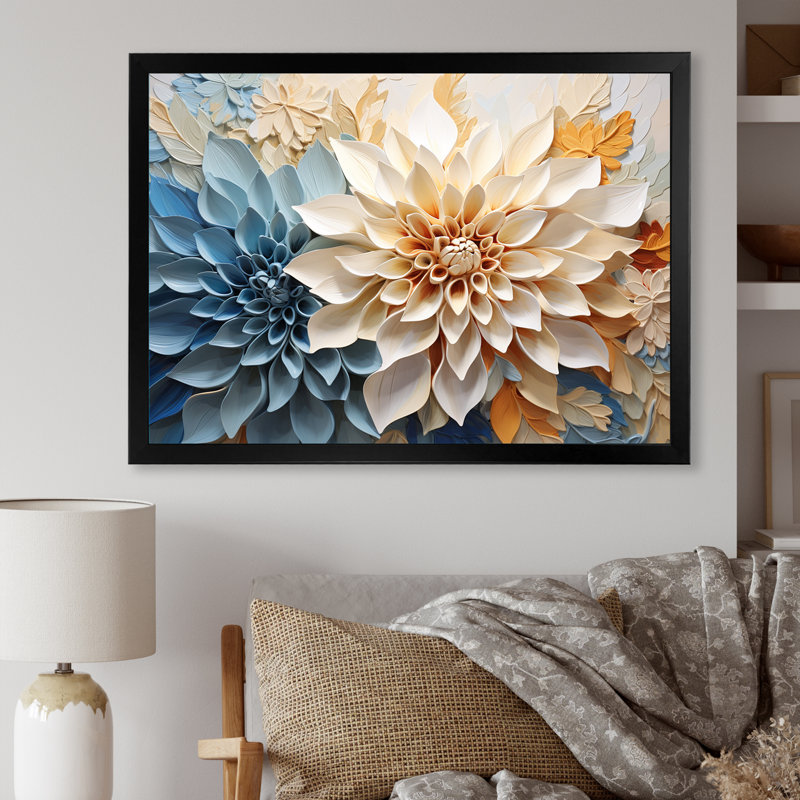 Simple dahlia beige et bleu simple sur toile, H 24 po x l 32 po x P 1 po, Cadre simple noir