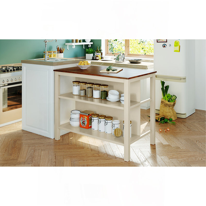 Îlot de cuisine 45 po en bois massif avec table de préparation en bois d'hévéa et 2 tablettes ouvertes pour petits espaces