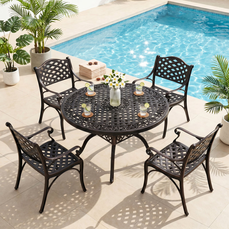 48" Round Patio Dining Table for 6 Person Cast Aluminum Patio Splicing  Table with Umbrella Hole,Bronze（Excluding Chairs）