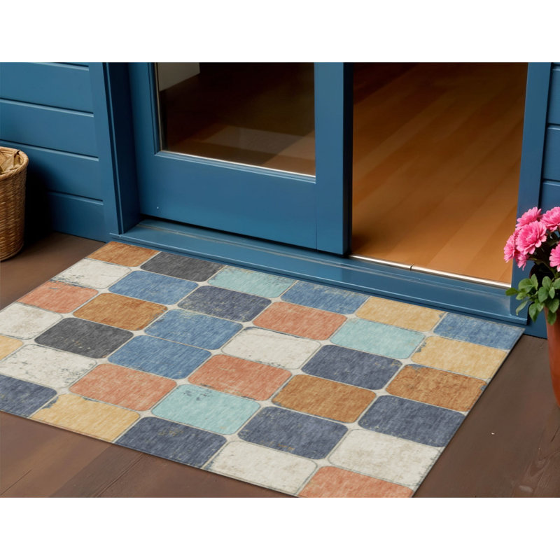 3' X 5' Rust And Denim Blue Geometric Washable Indoor Outdoor Area Rug