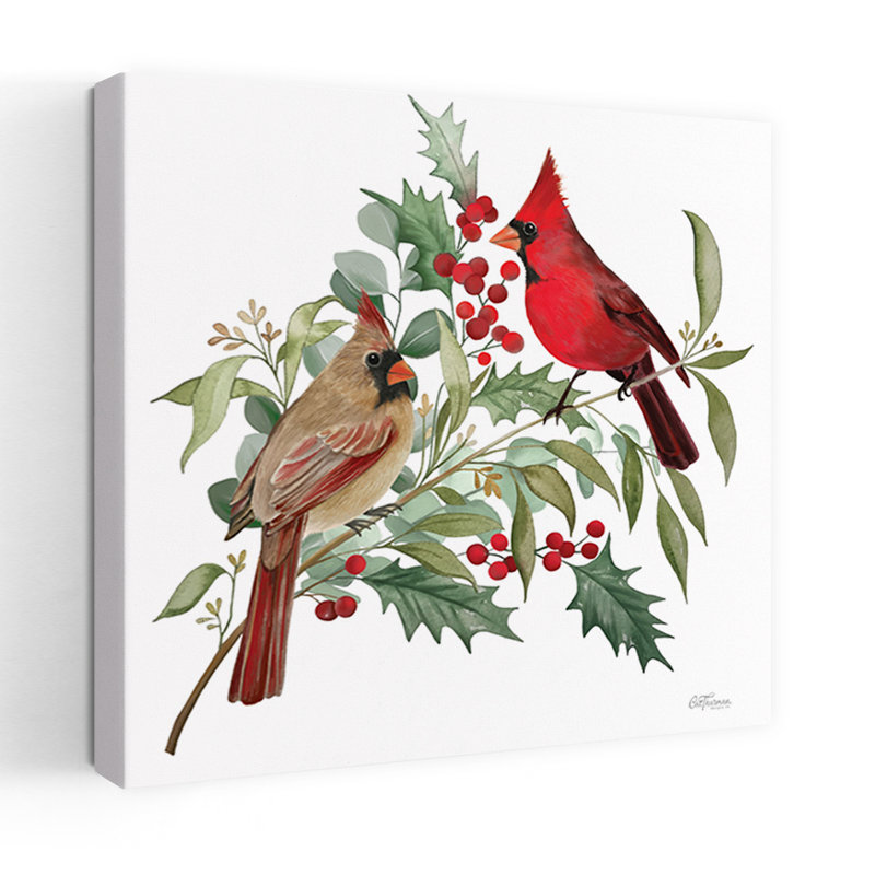 Cardinal Couple, oiseau contemporain, art d'hiver, H 36 po x l 36 po