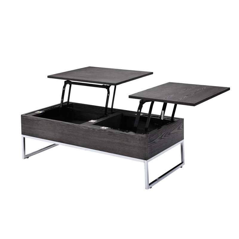 Table basse avec finition en chêne gris avec base en métal, plateau relevable et compartiment caché pour les jeux Mécanisme rectangulaire contemporain