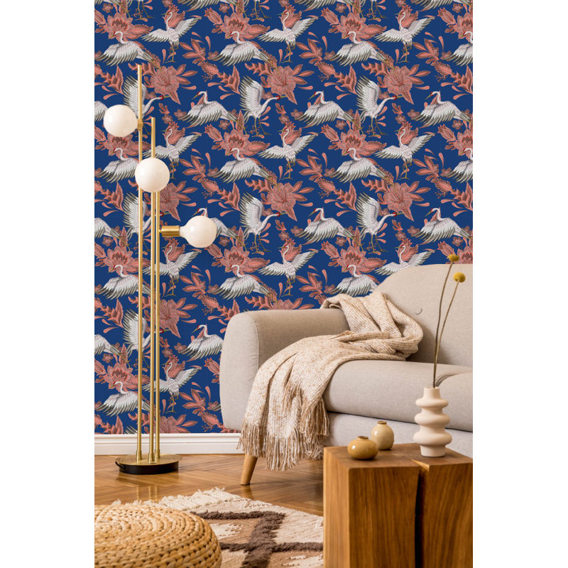 Cranes On Dark Blue Background Wallpaper Floral Tile