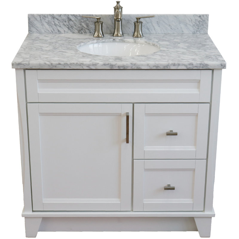 Amedea 37'' Single Bathroom Vanity with Top, White, White Carrara Marble