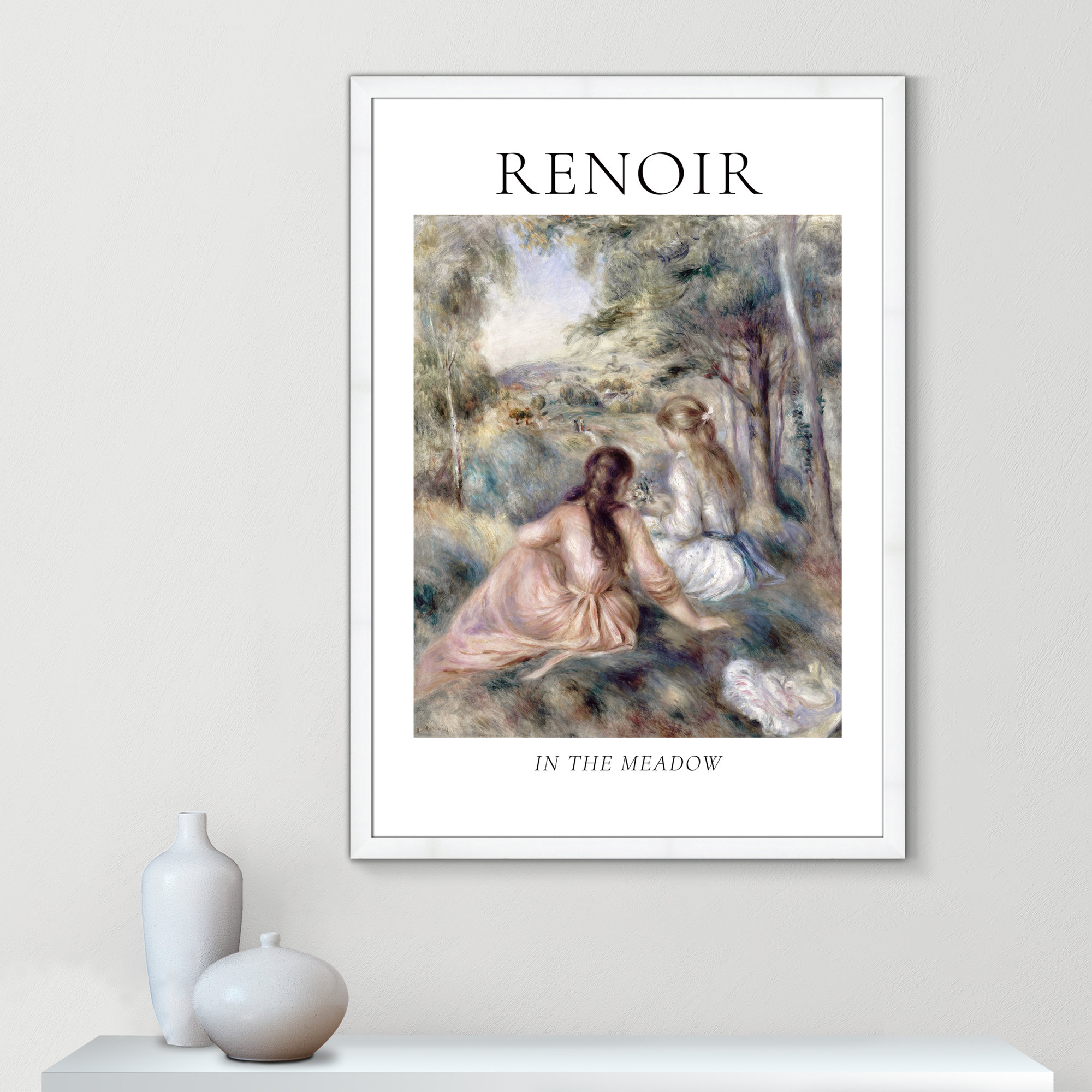 Old Masters Collection " In The Meadow " by Auguste Renoir, White Single Picture Frame, No, 55" H x 39" W x 1.25" D