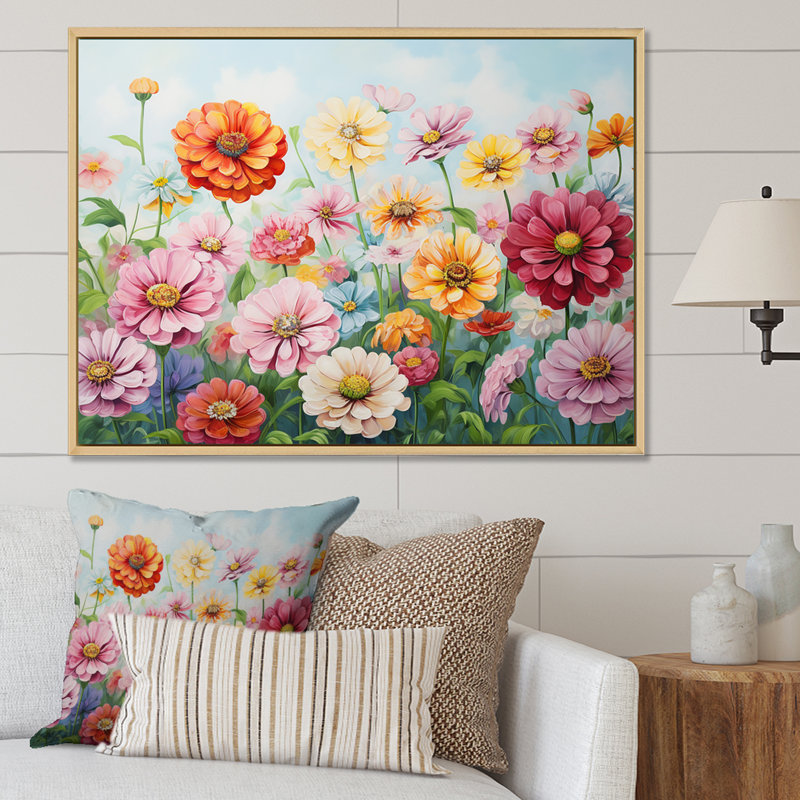 «Zinnias Farmhouse Field Charm II», reproduction sur toile, Cadre naturel flottant, H 24 po x l 32 po x P 1 po