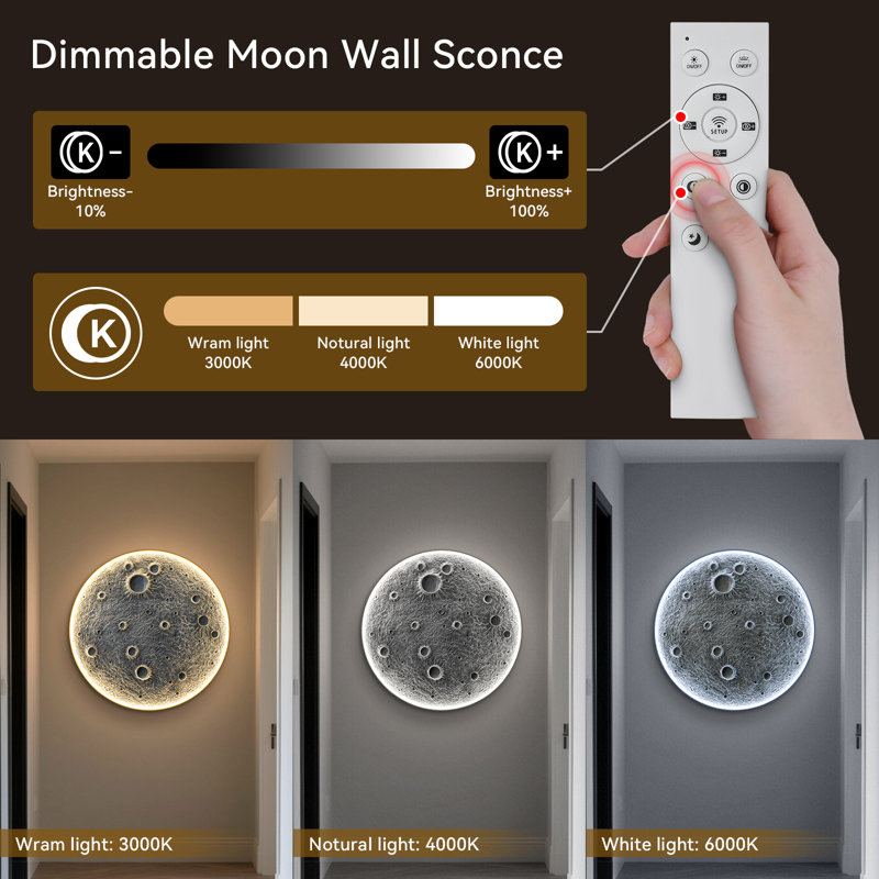 Applique murale lune en résine de 117 cm (46 po) avec télécommande, DEL à intensité variable, 1 pièce
