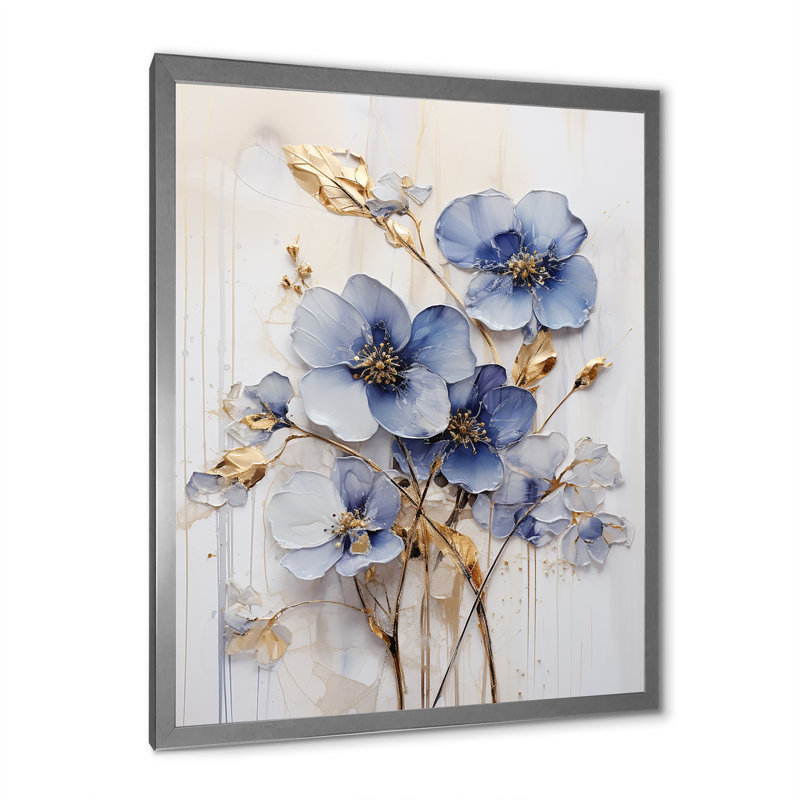 Bleu et or Exquisit Violets IV, H 44 po x l 34 po x P 1,5 po, Cadre simple argenté