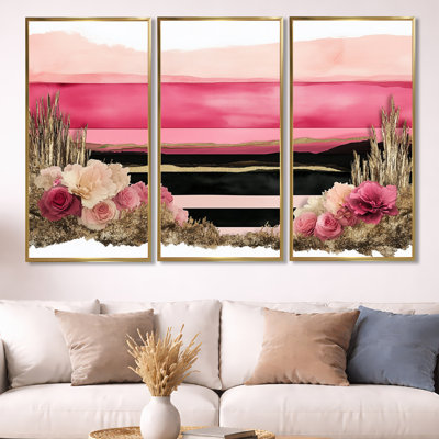 «Pink Dawn in Quiet Lines I», ensemble d'art mural encadré paysage coucher de soleil 3