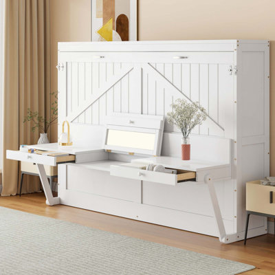 Wall Murphy Bed With Storage, Foldable Cabinet Bed With Vanity Desk, Center Mirror & 2 Side Drawers