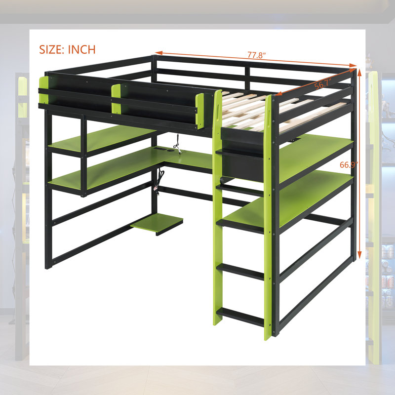 Lit mezzanine en bois de 78 po avec bureau de jeu et lumières à DEL RVB - Cadre double / double robuste avec ports USB et support de chevet