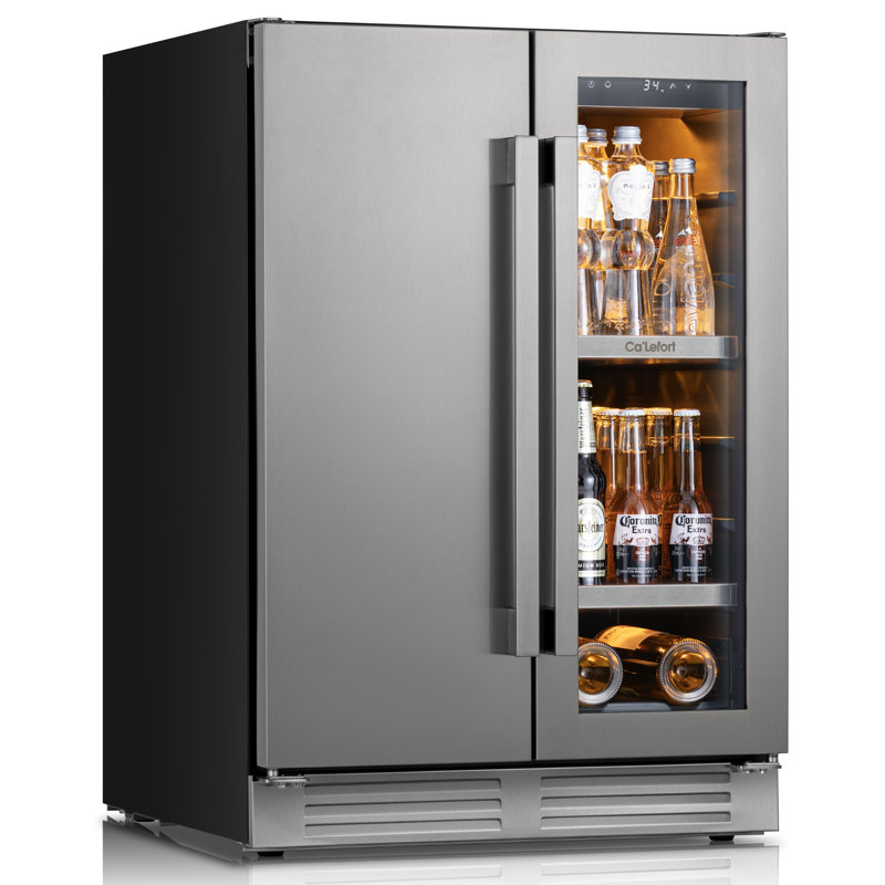 Ca’Lefort 24-Inch Built-In Spherical Ice Maker with Beverage Cooler, Automatic Water Supply, 60 Can Storage, Dual Zone Temperature Control, Stainless Steel Glass Door