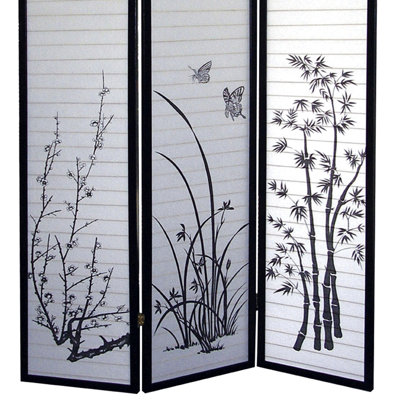Paravent de 70 po de hauteur à 3 pièces avec motif floral et noir