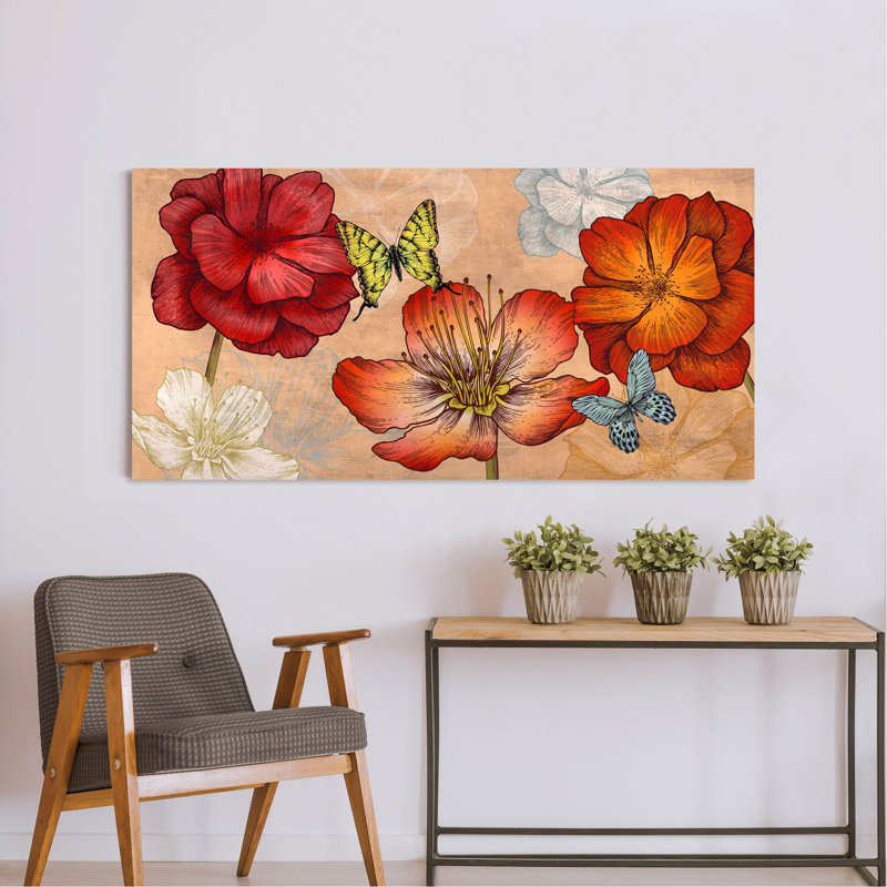 Flowers And Butterflies by Eve C. Grant - Wrapped Canvas Print, 60cm H x 120cm W x 4cm D