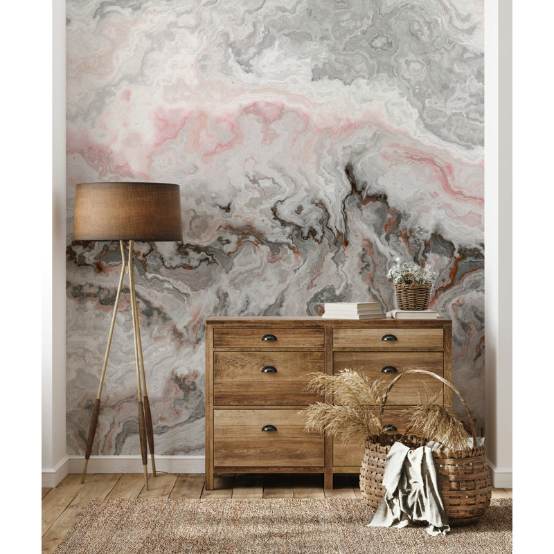 Papier peint marbré gris avec veines rosées, L 36,96 po x l 56 po