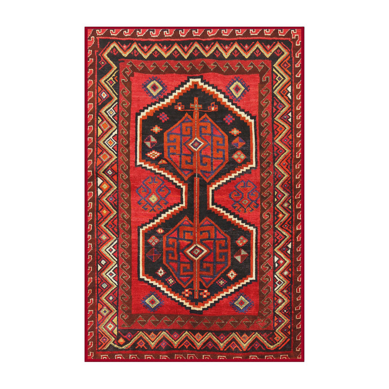 Tapis traditionnel rouge / noir / jaune clair, Rectangle 8 pi x 10 pi