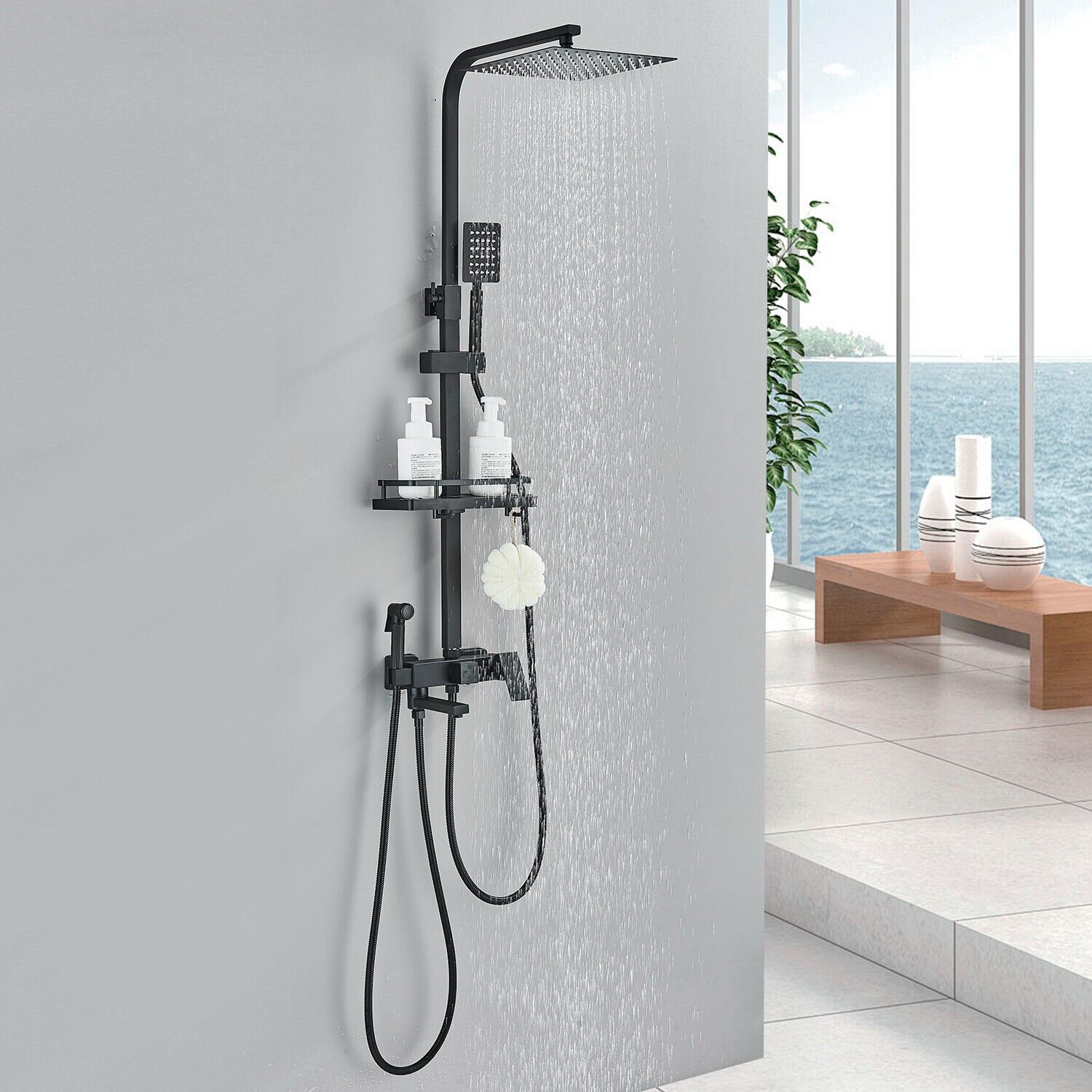 Rain Shower Head Systems Wall Mounted Shower,Wall Mounted 12in Square Rainfall Pressure Balanced Complteted Shower System with Rough-in Val 並行輸入品 Wall-Mounted Showers Thermostatic in Matte Black with 4-function