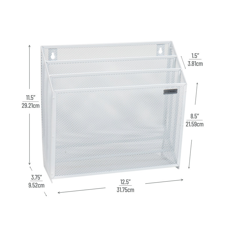 Mind Reader Vertical File Storage, Desktop Organizer, Wall Mount, Metal, 12.5"L x 3.75"W x 11.5"H, White