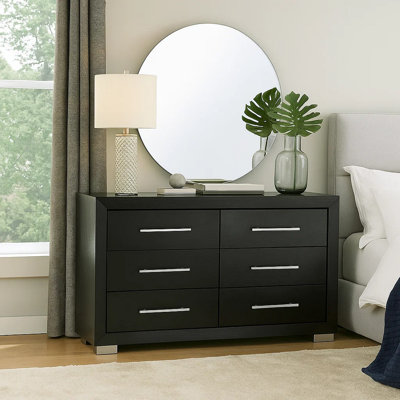 Commode large 6 tiroirs Ashen, bois massif noir, métal chromé