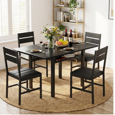 5-Piece Extendable Dining Table Set with Storage Shelf, Foldable Table & 4 PU Leather Chairs