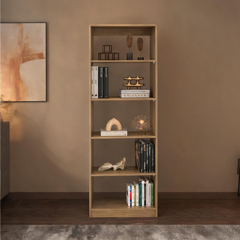 Bibliothèque à 5 niveaux en chêne naturel beige neutre naturel avec plusieurs niveaux de rangement