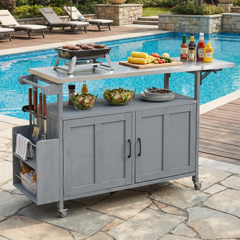 60.6'' Foldable Outdoor Kitchen Island Cart With Stainless Steel Top, Gray/Silver