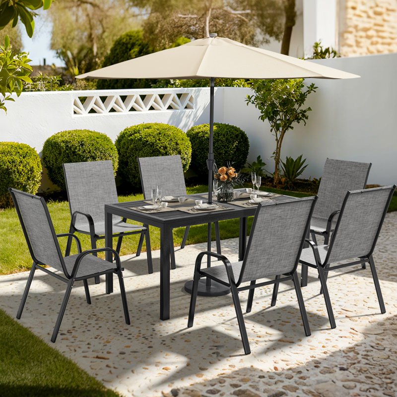 Ensemble repas pour 6 personnes, chaises empilables PVC-coated polyester et table rectangulaire avec trou pour parasol