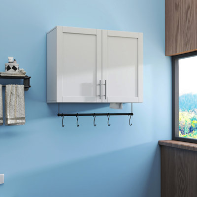 Armoire murale de salle de bain avec tablette réglable, barre à serviettes, 5 crochets, armoire de rangement au-dessus de la toilette pour la salle de bain, cuisine, blanc