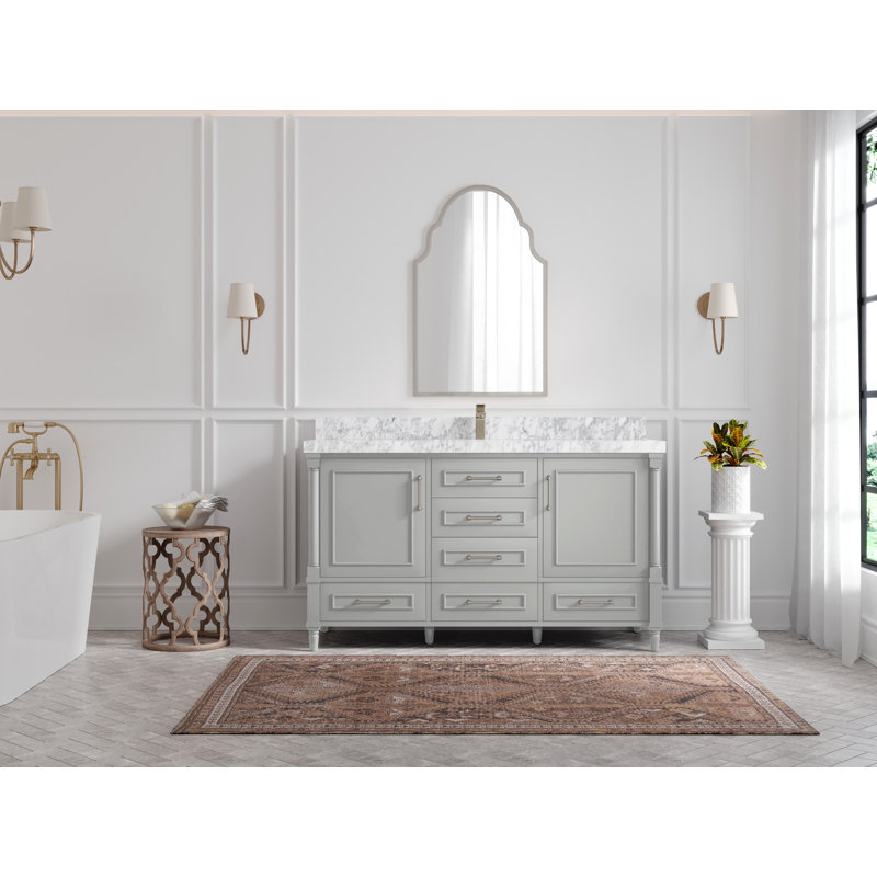 Ensemble de meuble-lavabo simple 60 po Flavell, gris, Marbre de Carrare, Nickel brossé
