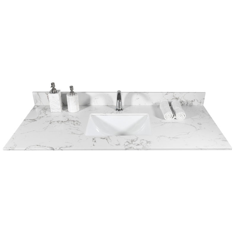 Dessus de meuble-lavabo en pierre de salle de bain 43 x 22 po - Conçu avec affinité en marbre blanc, lavabo rectangulaire encastré en céramique et robinet à dosseret