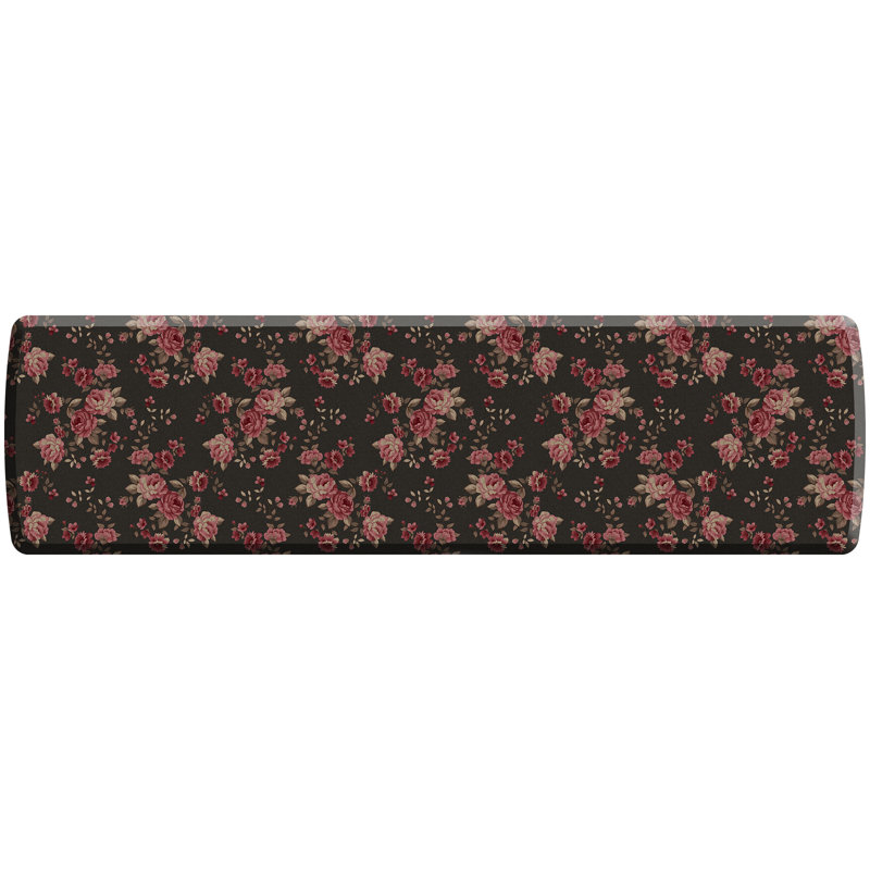 Tapis de cuisine anti-fatigue Rose de jardin anglais en noir, Tapis de couloir 2 pi 6 po x 9 pi, Black