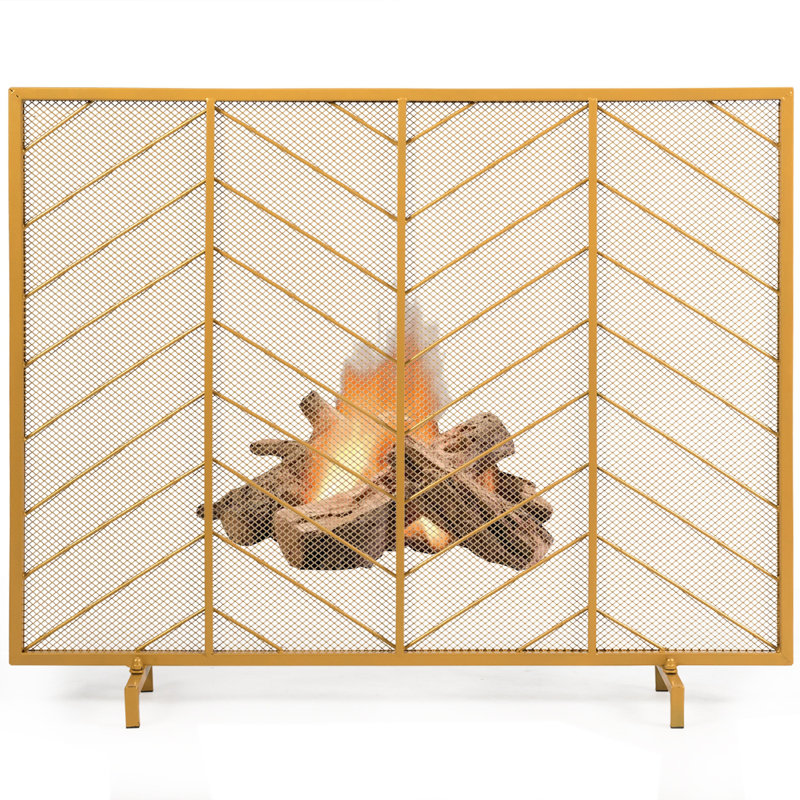 Gold Chevron Pattern Steel Mesh Fireplace Screen