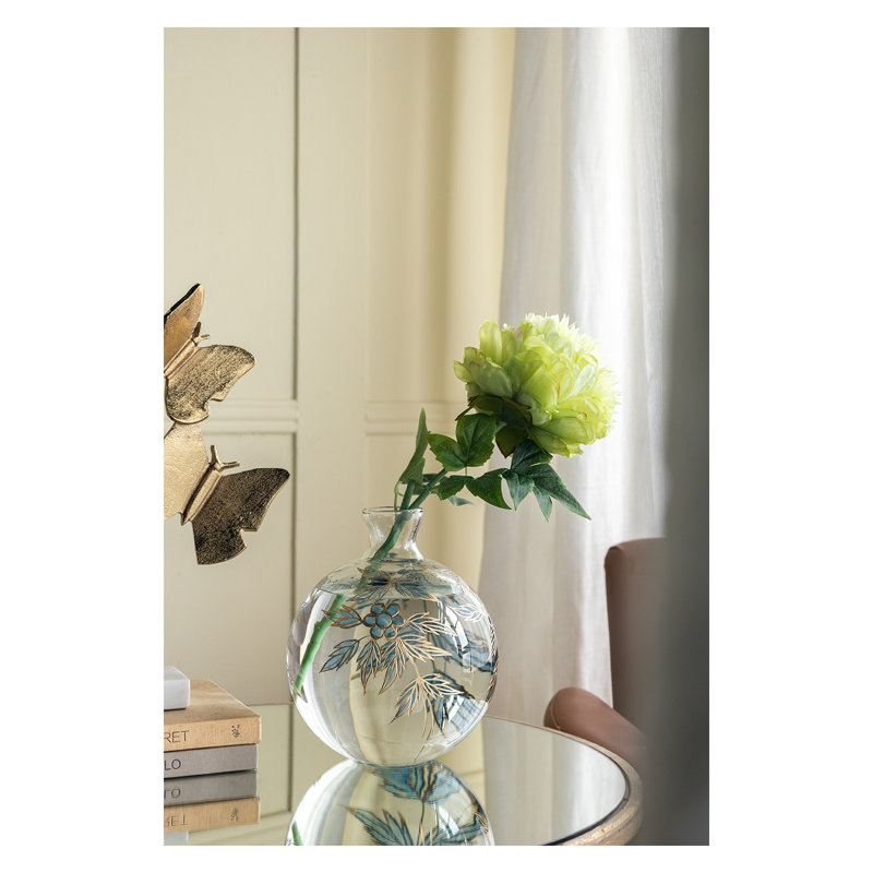 Vase rond en verre transparent avec motifs botaniques bleus et dorés, H 9 po x P 8 po