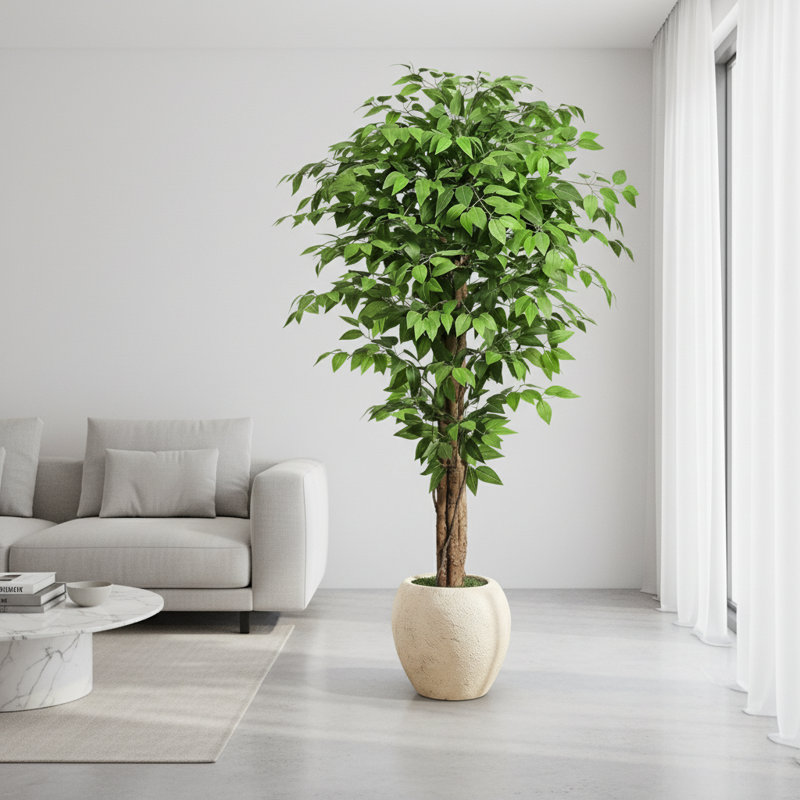 Ficus artificiel de 6,2 pi avec 3 troncs courbés naturels, grand arbre artificiel luxuriant pour la décoration intérieure