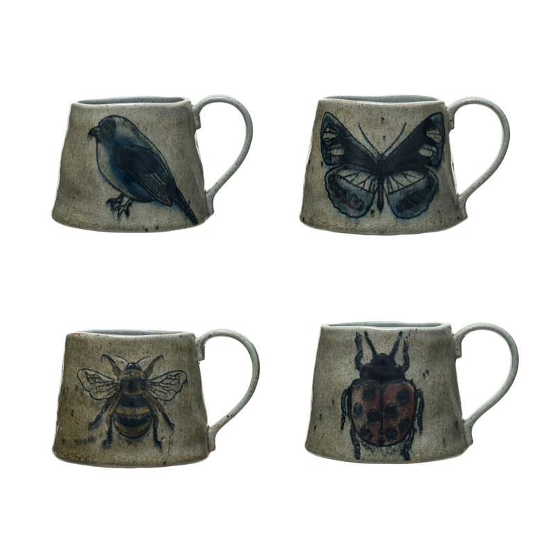 Stoneware Mug Set with Insect and Bird Designs